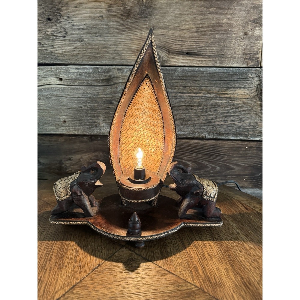 Two Elephant Wooden Table Lamp Light. Click Switch. Beautiful Decor.